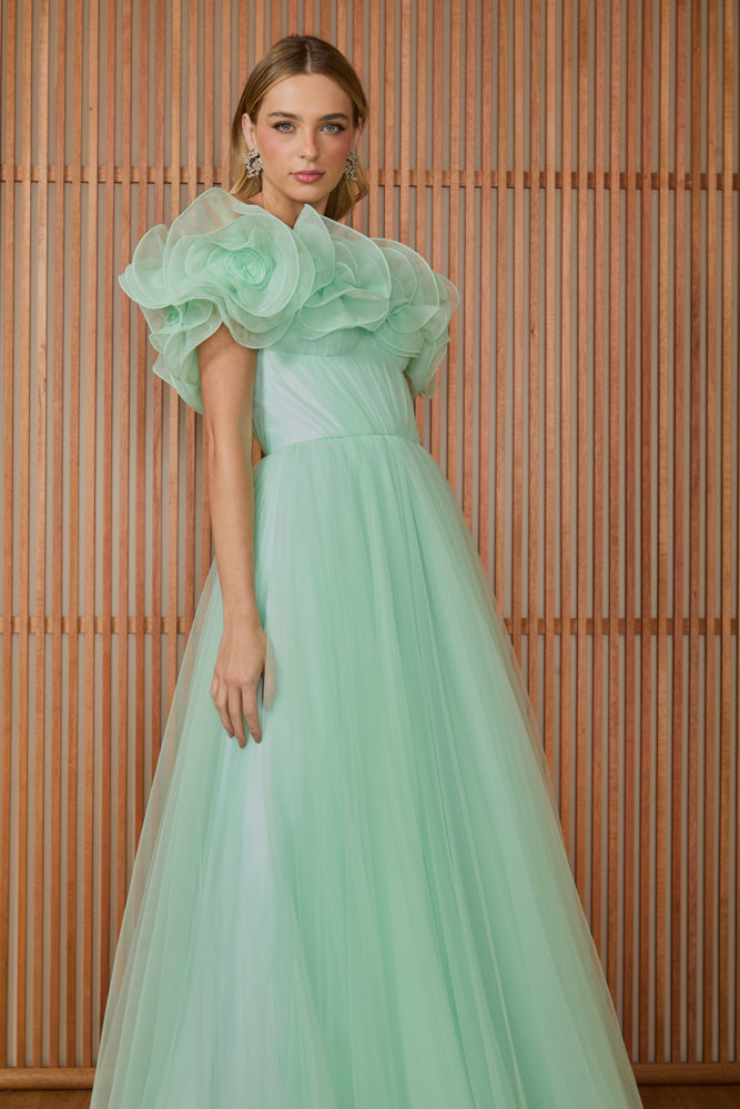 FABULOUS AGILITÀ - Vestido Longo Thassia Flores Decote Menta