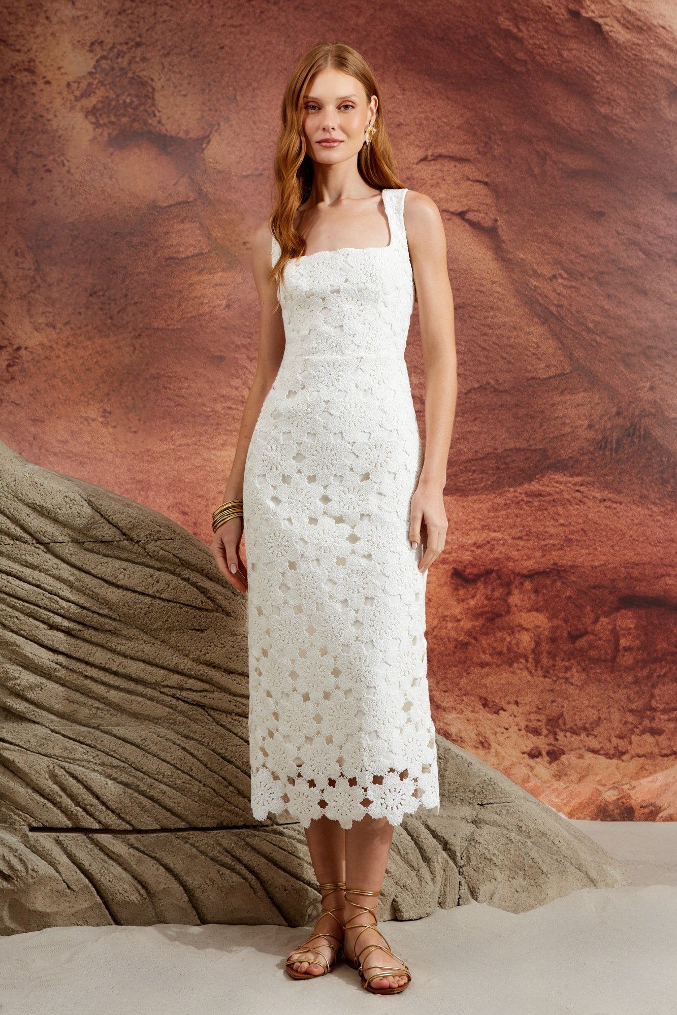 AGILITÀ - Vestido Midi Guipure Flor OFF White