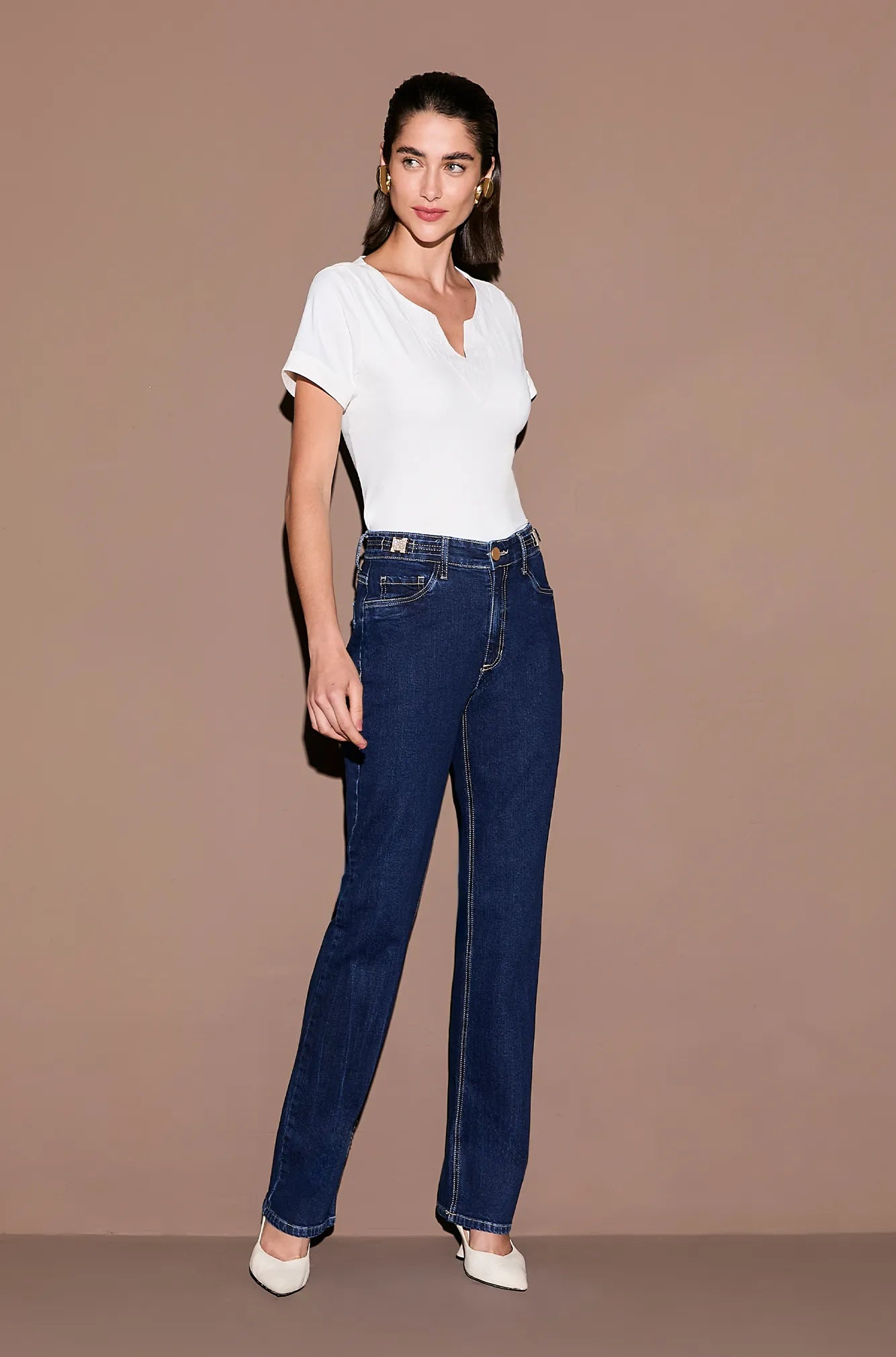 ONE UP - Calça Jeans Fivela Cristal Azul