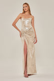 VICTOR DZENK - Vestido Glossy Max Fenda Bege Dourado - Verão 27