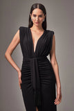 VICTOR DZENK - Vestido Jersey Drape e Faixa Bordada Preto