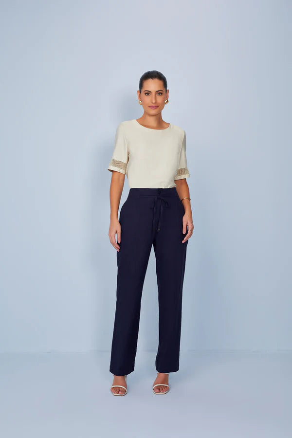 SCALON - Calça Linho Reta Azul Marinho