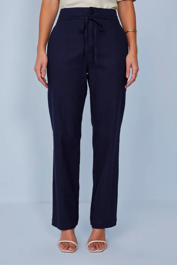 SCALON - Calça Linho Reta Azul Marinho