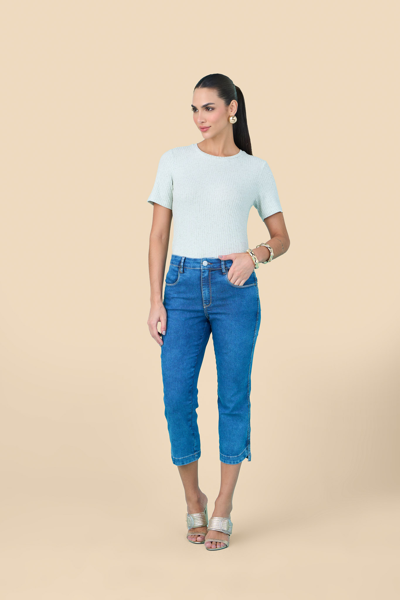 SCALON - Calça Jeans Cropped Marmorizado Azul