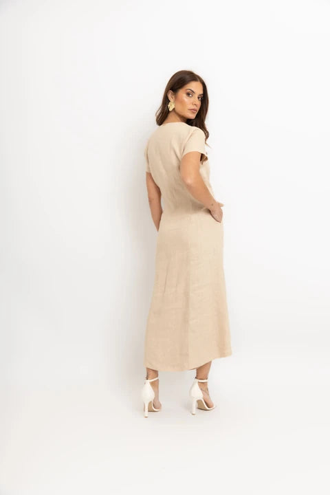 BORDA BARROCA - Vestido Mídi Linho 100% Centeio Bege