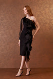 AGILITÀ - Vestido Midi Ombro So Babados Seda Preto