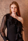 AGILITÀ - Vestido Midi Ombro So Babados Seda Preto