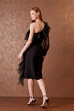 AGILITÀ - Vestido Midi Ombro So Babados Seda Preto