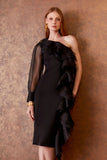 AGILITÀ - Vestido Midi Ombro So Babados Seda Preto