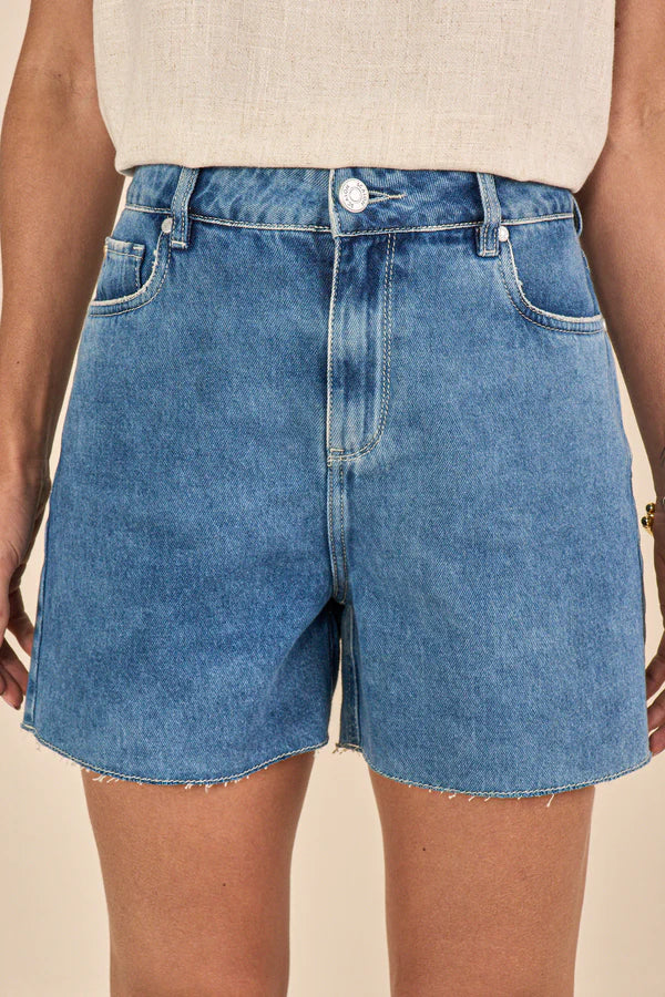 SCALON - Bermuda Jeans Boyfriend Marmorizado Azul