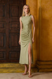 AGILITÀ - Vestido Midi Jersey Drape e Fenda Salvia