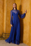 AGILITÀ - Vestido Longo Transparencia Recortes Azul Klein