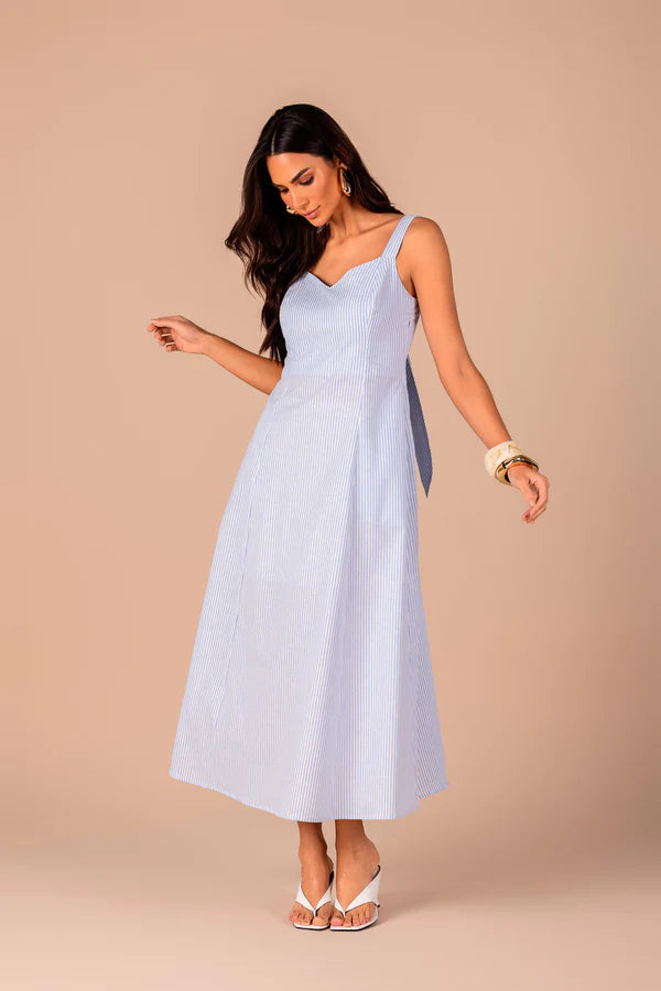 SCALON - Vestido Algodão Longuete Listras Azul