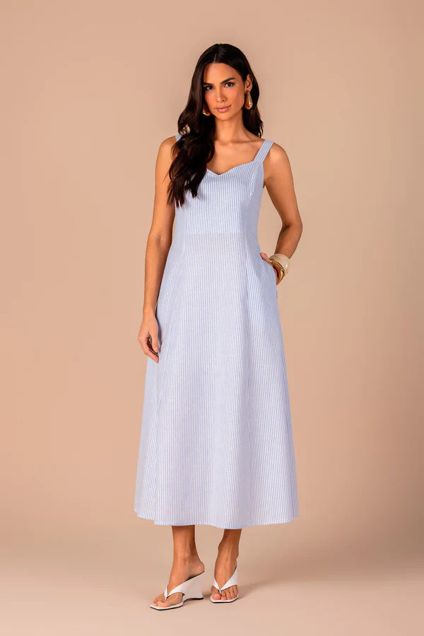 SCALON - Vestido Algodão Longuete Listras Azul