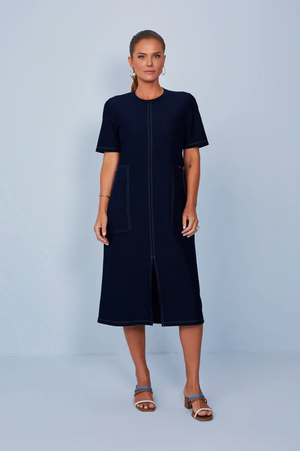SCALON - Vestido Malha Denim Mídi Estonado Azul