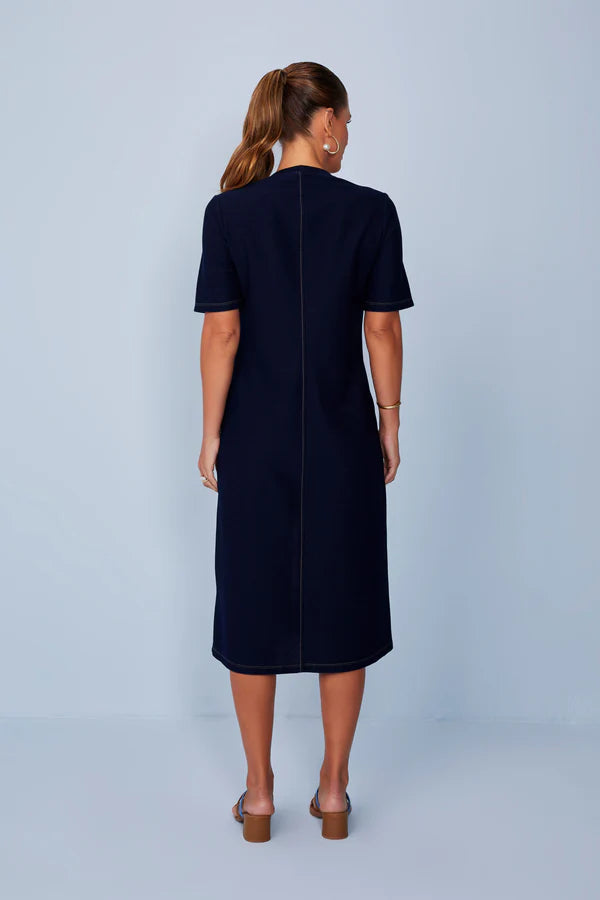SCALON - Vestido Malha Denim Mídi Estonado Azul