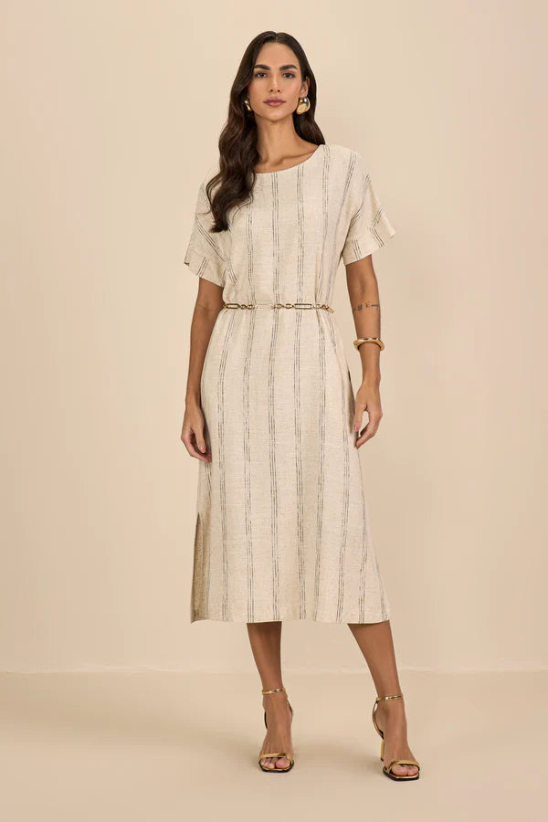 SCALON - Vestido Viscose Mídi Listras Bege