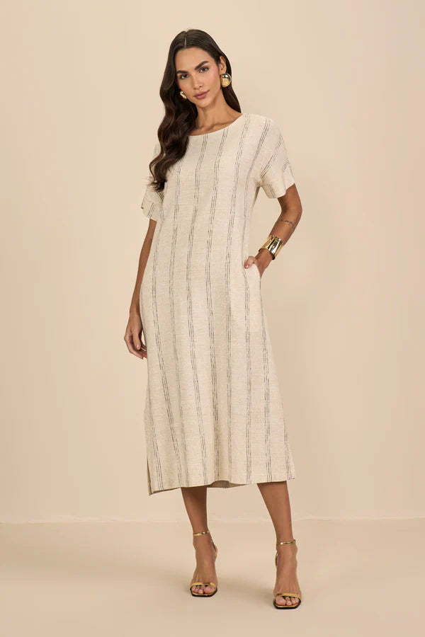 SCALON - Vestido Viscose Mídi Listras Bege