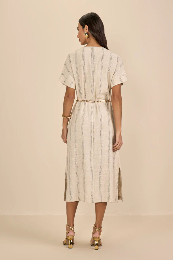 SCALON - Vestido Viscose Mídi Listras Bege