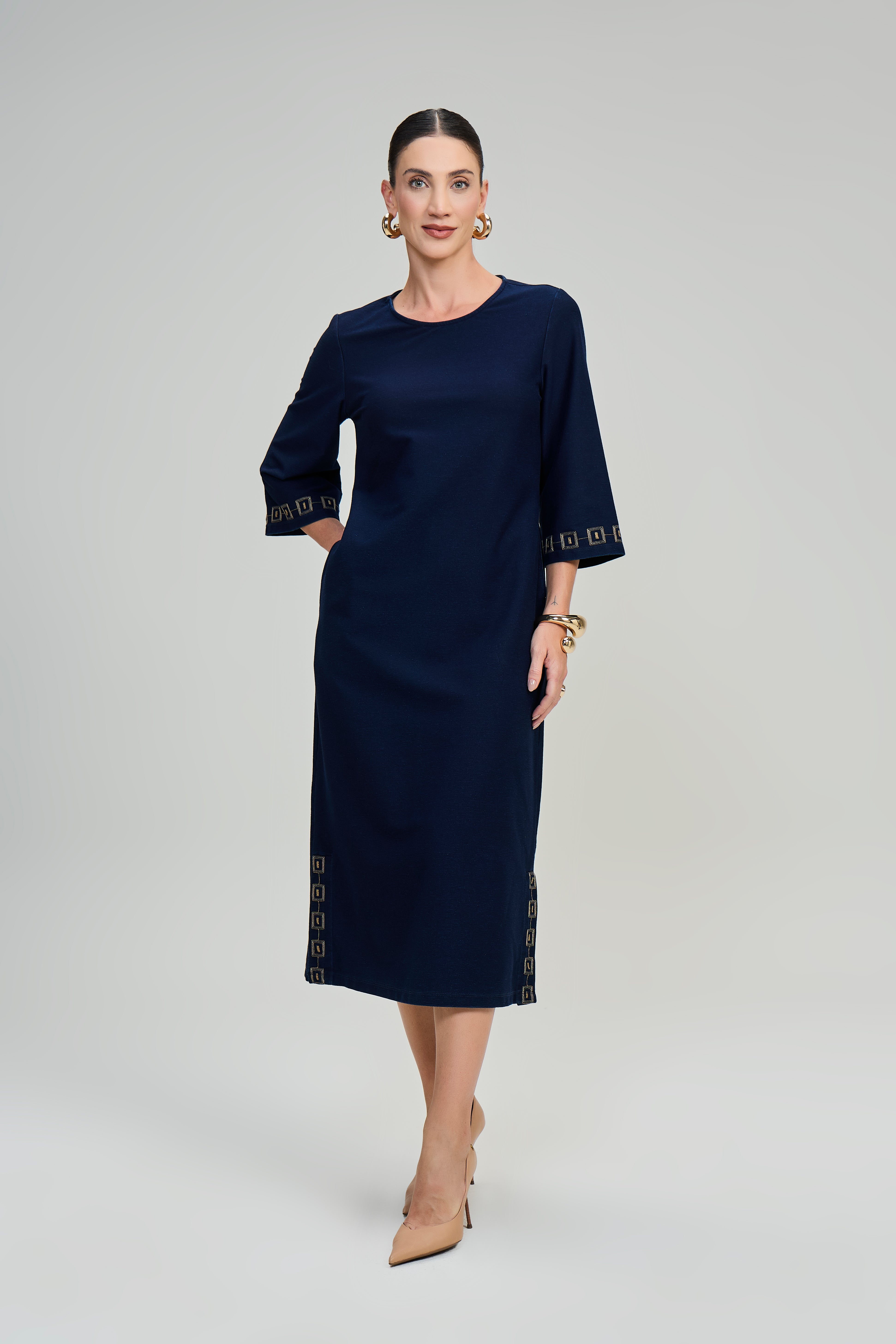 SCALON - Vestido Malha Denim Mídi Estonado Azul