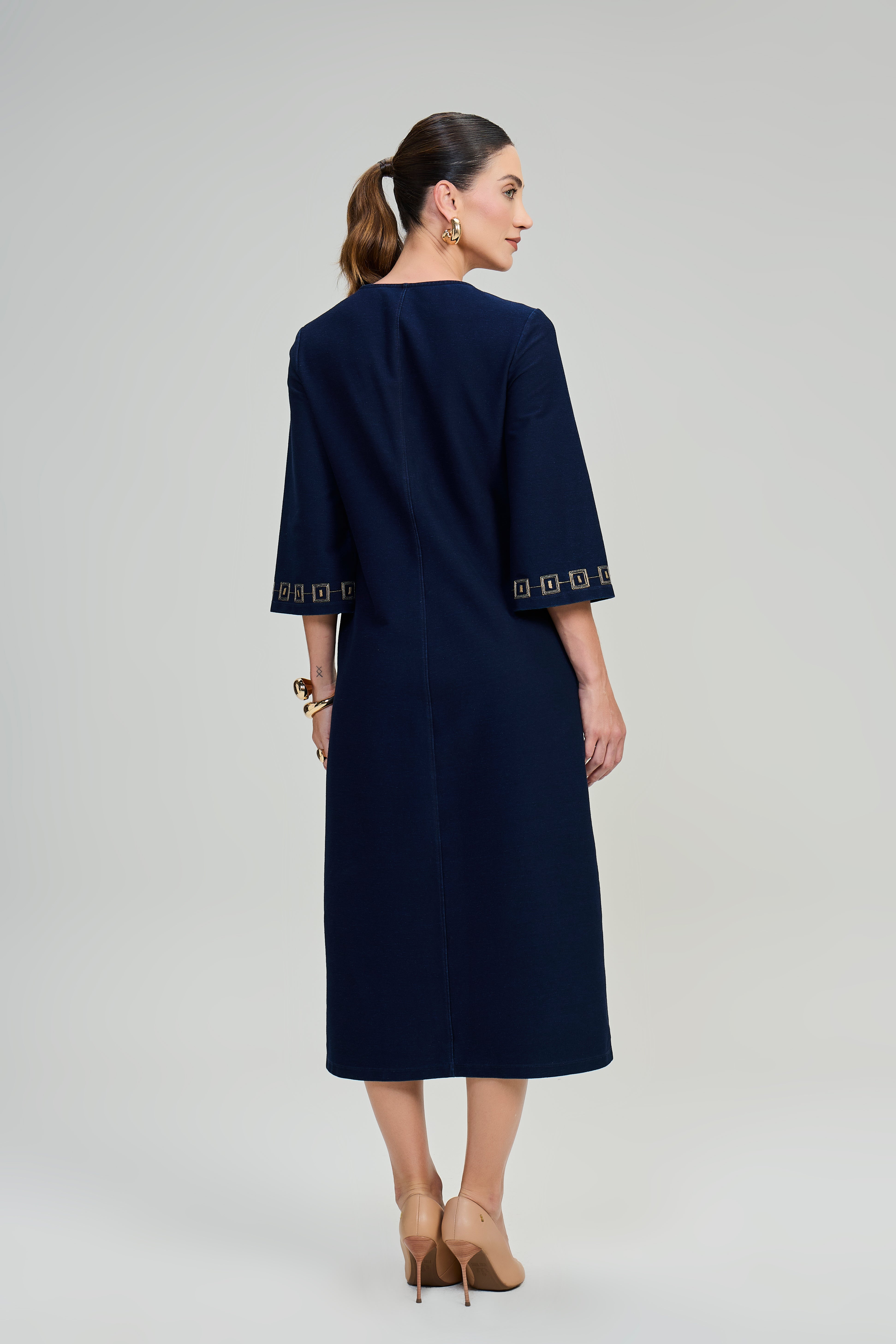 SCALON - Vestido Malha Denim Mídi Estonado Azul