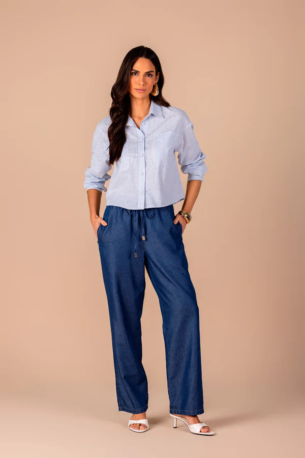 SCALON - Camisa Algodão Manga Longa Listras Azul