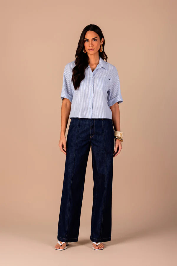 SCALON - Camisa Algodão Manga Curta Listras Azul