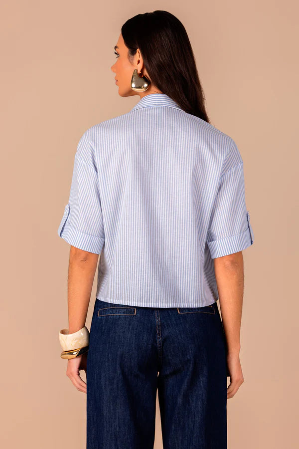 SCALON - Camisa Algodão Manga Curta Listras Azul