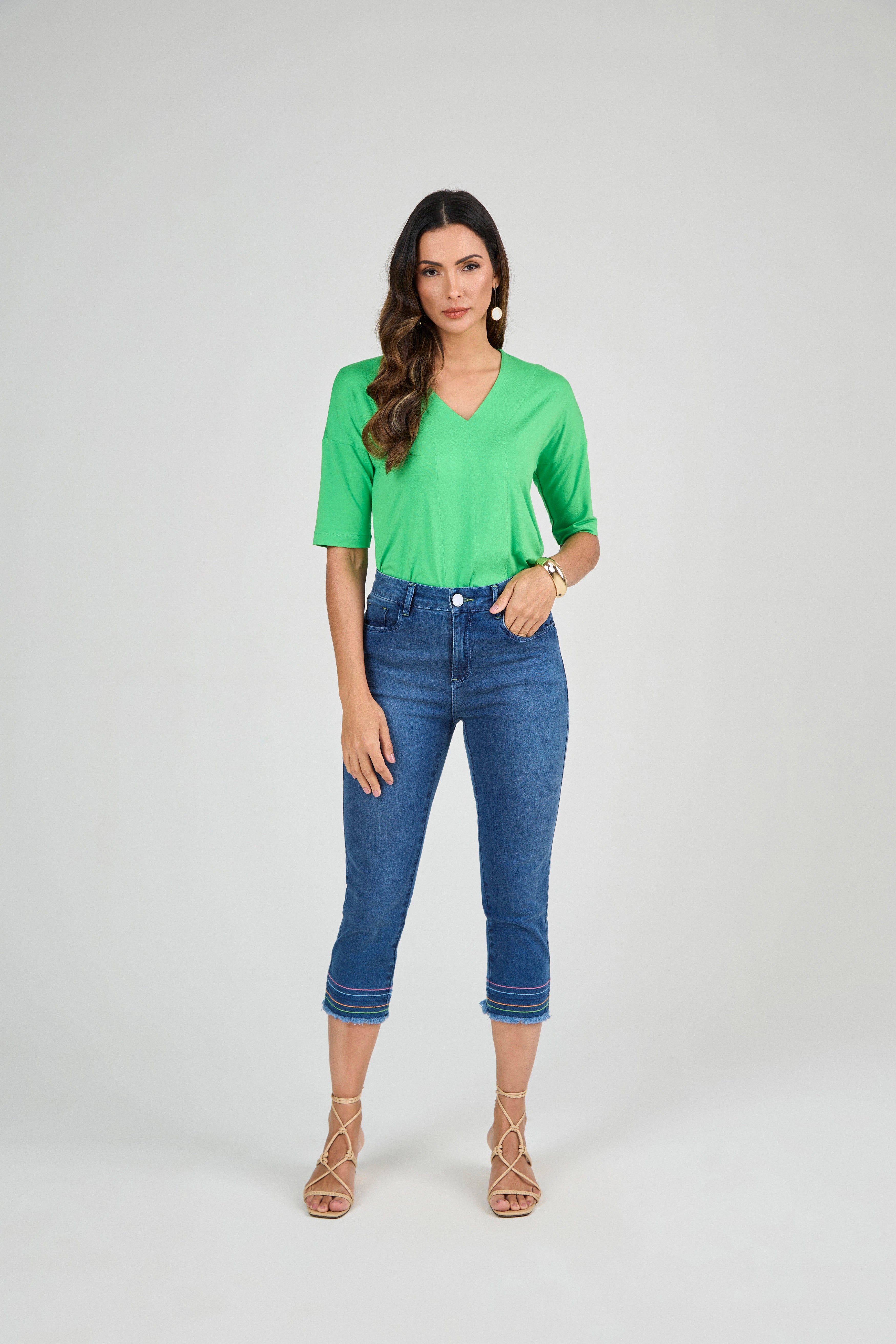 SCALON - Blusa Malha Manga Curta Verde Folha