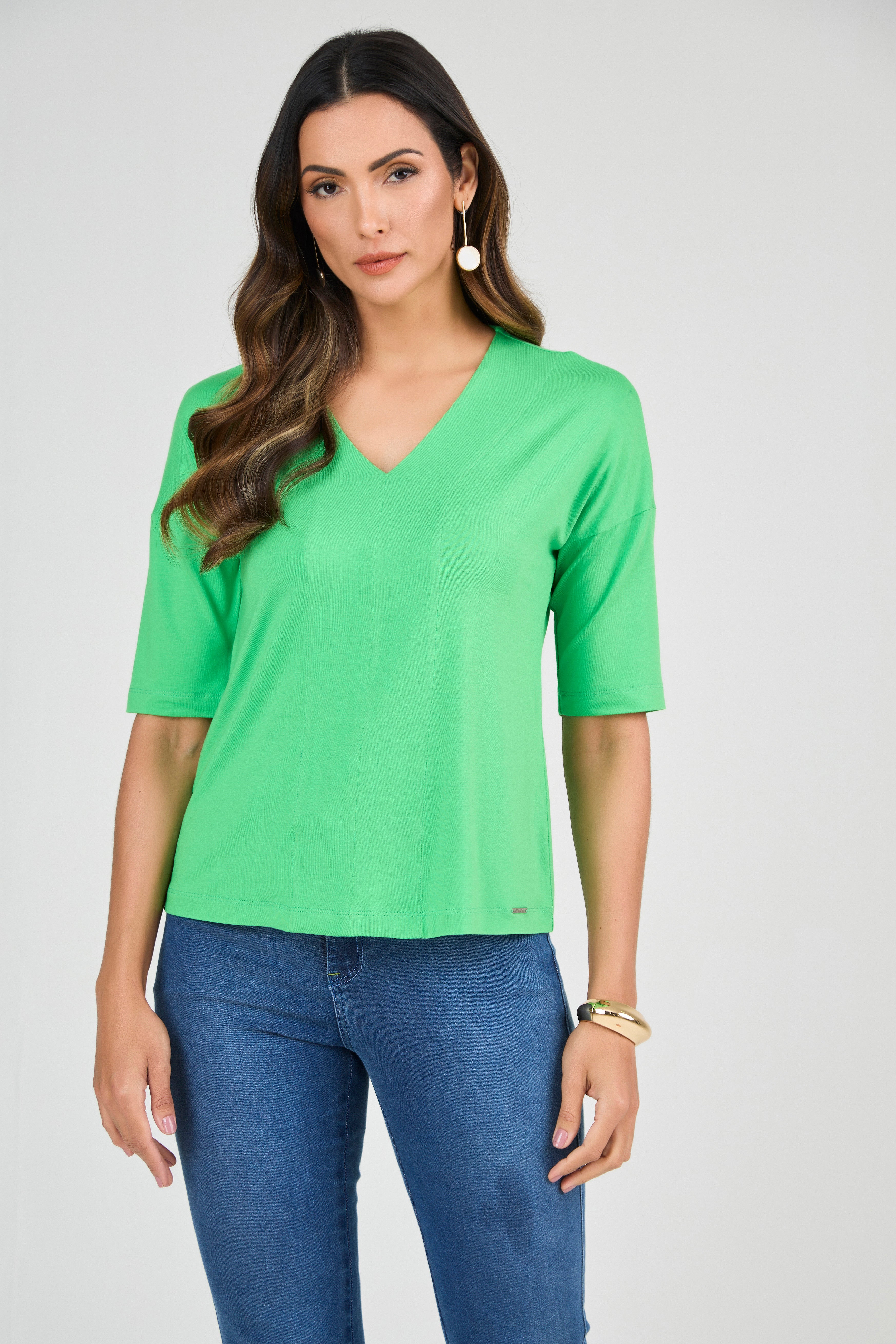 SCALON - Blusa Malha Manga Curta Verde Folha