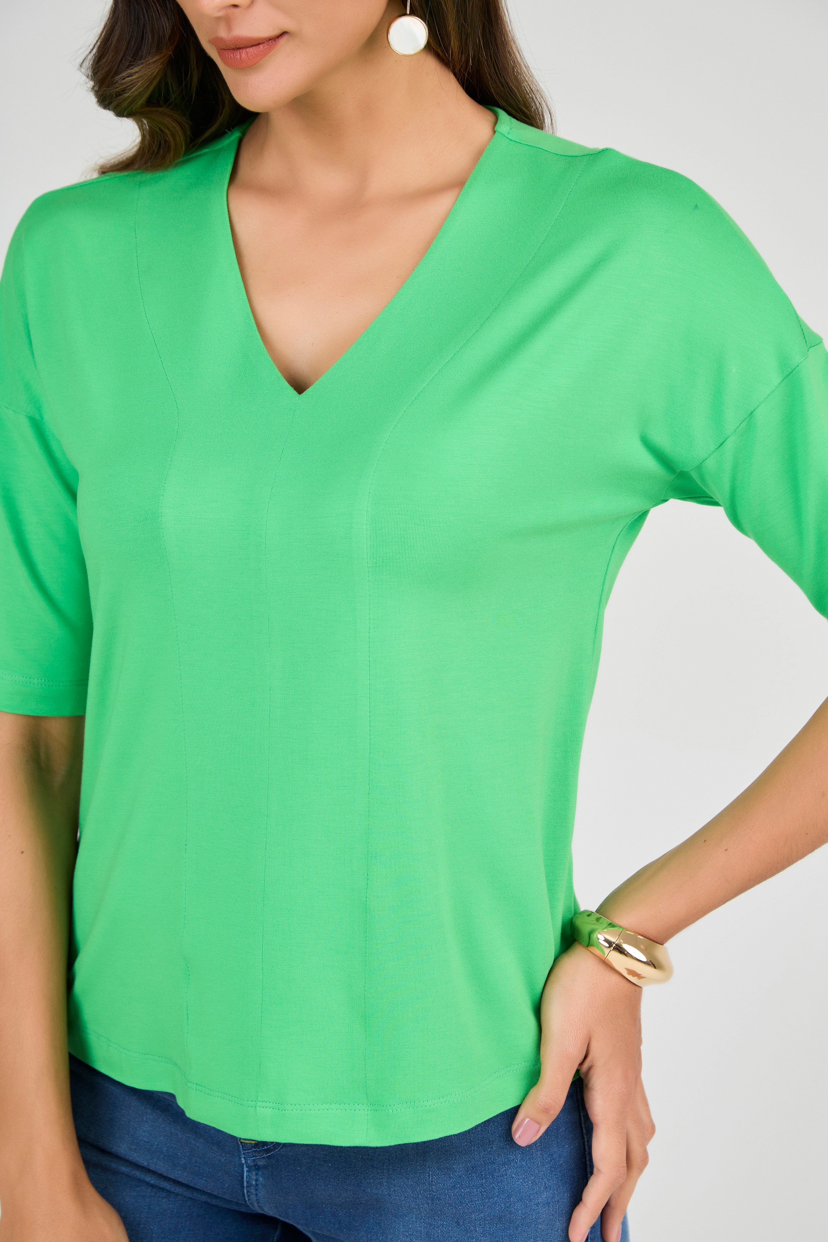 SCALON - Blusa Malha Manga Curta Verde Folha