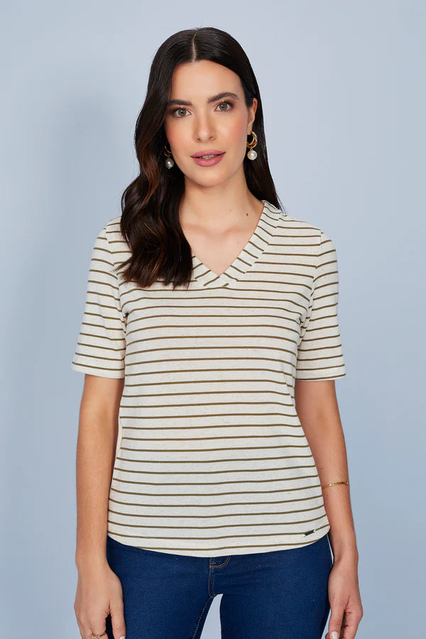 SCALON - Blusa Malha Manga Curta Listras Oliva