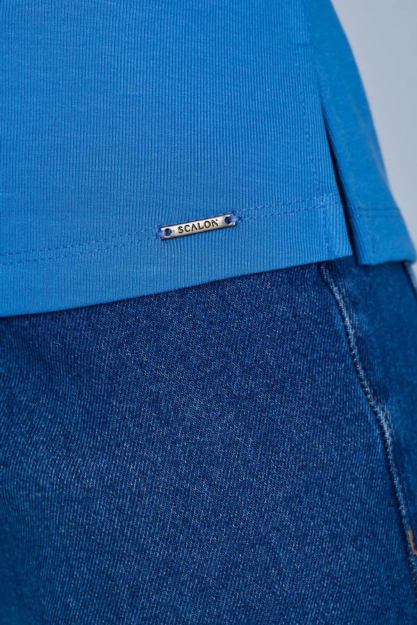 SCALON - Blusa Malha Manga Curta Denim Azul