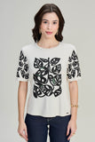 SCALON - T-shirt Malha Manga Curta Folhas Preto Estampado