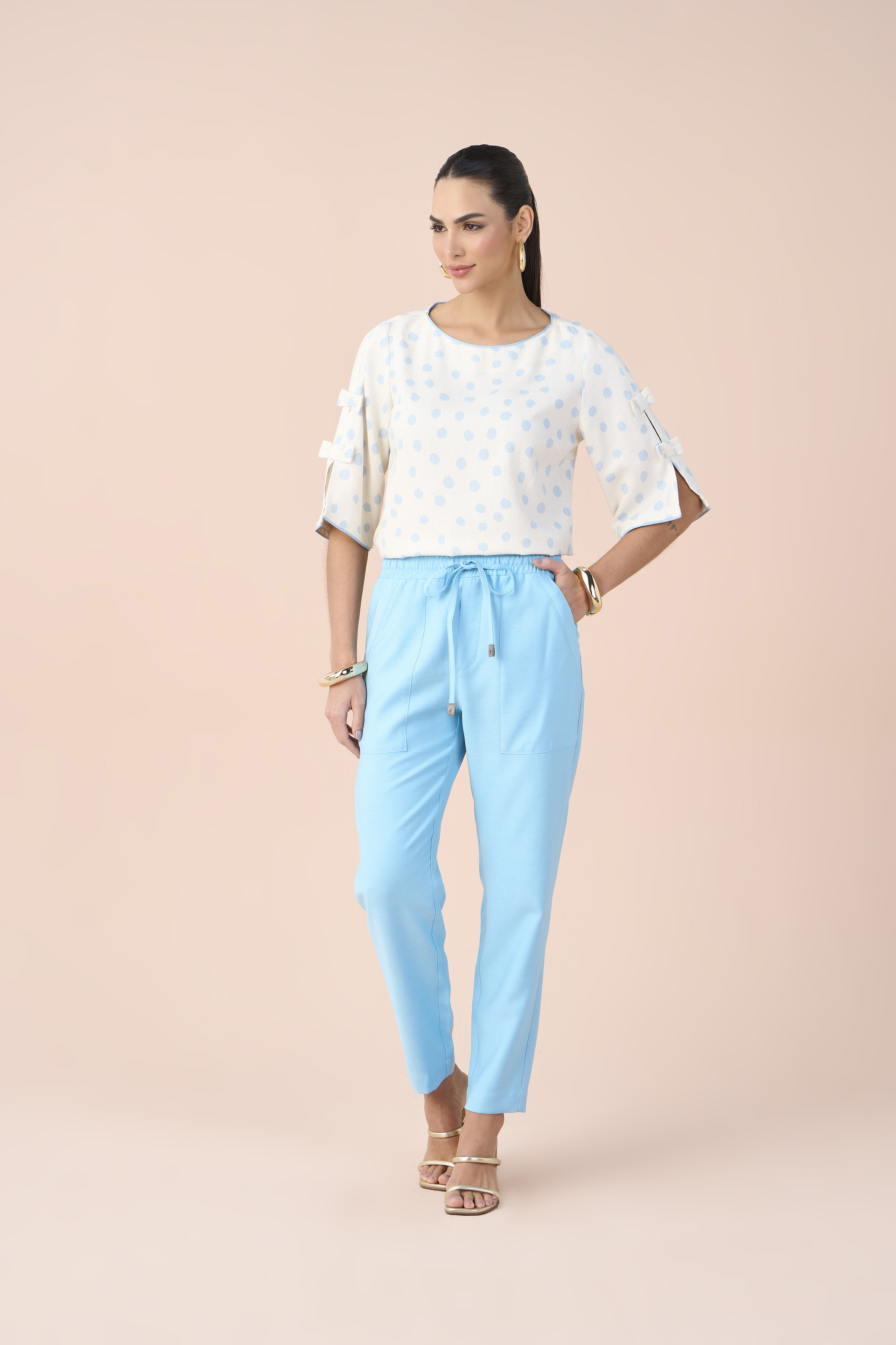 SCALON - Blusa Viscose Manga 3/4 Poa Azul