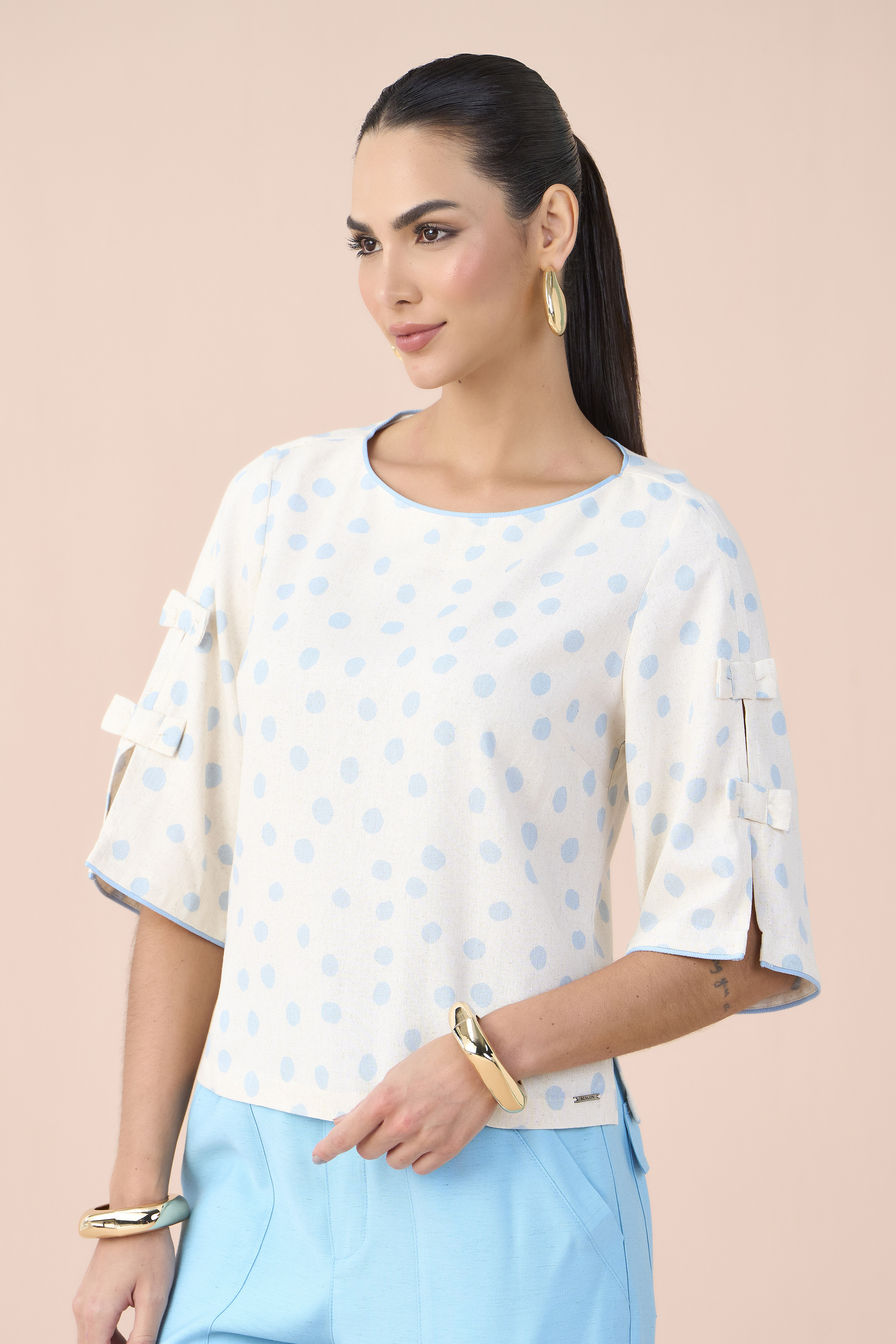 SCALON - Blusa Viscose Manga 3/4 Poa Azul