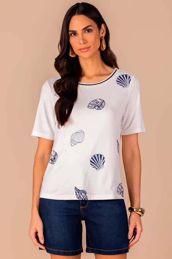 SCALON - T-shirt Malha Manga Curta Conchas Azul