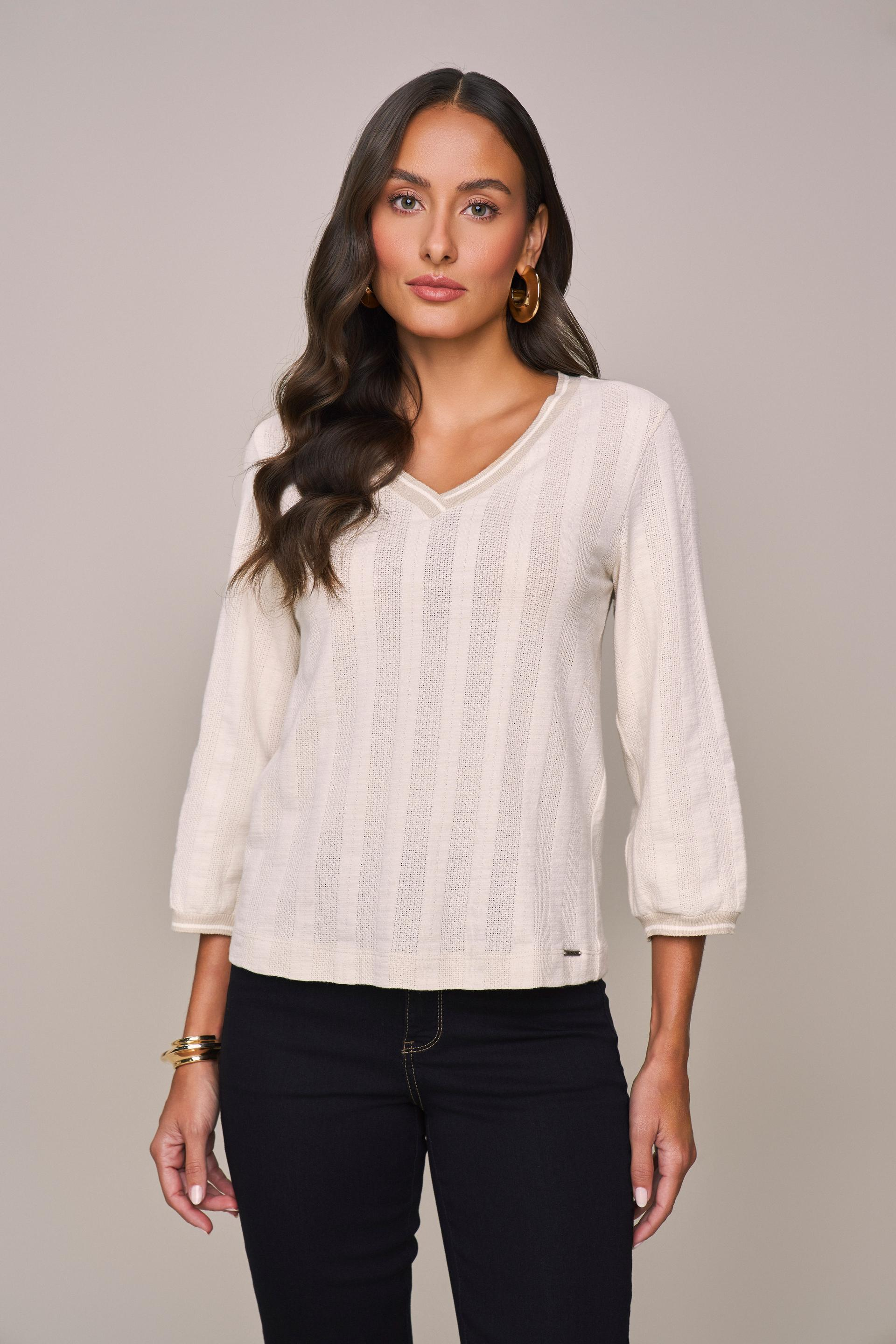 SCALON - Blusa Malha Manga 7/8 Listras Marfim