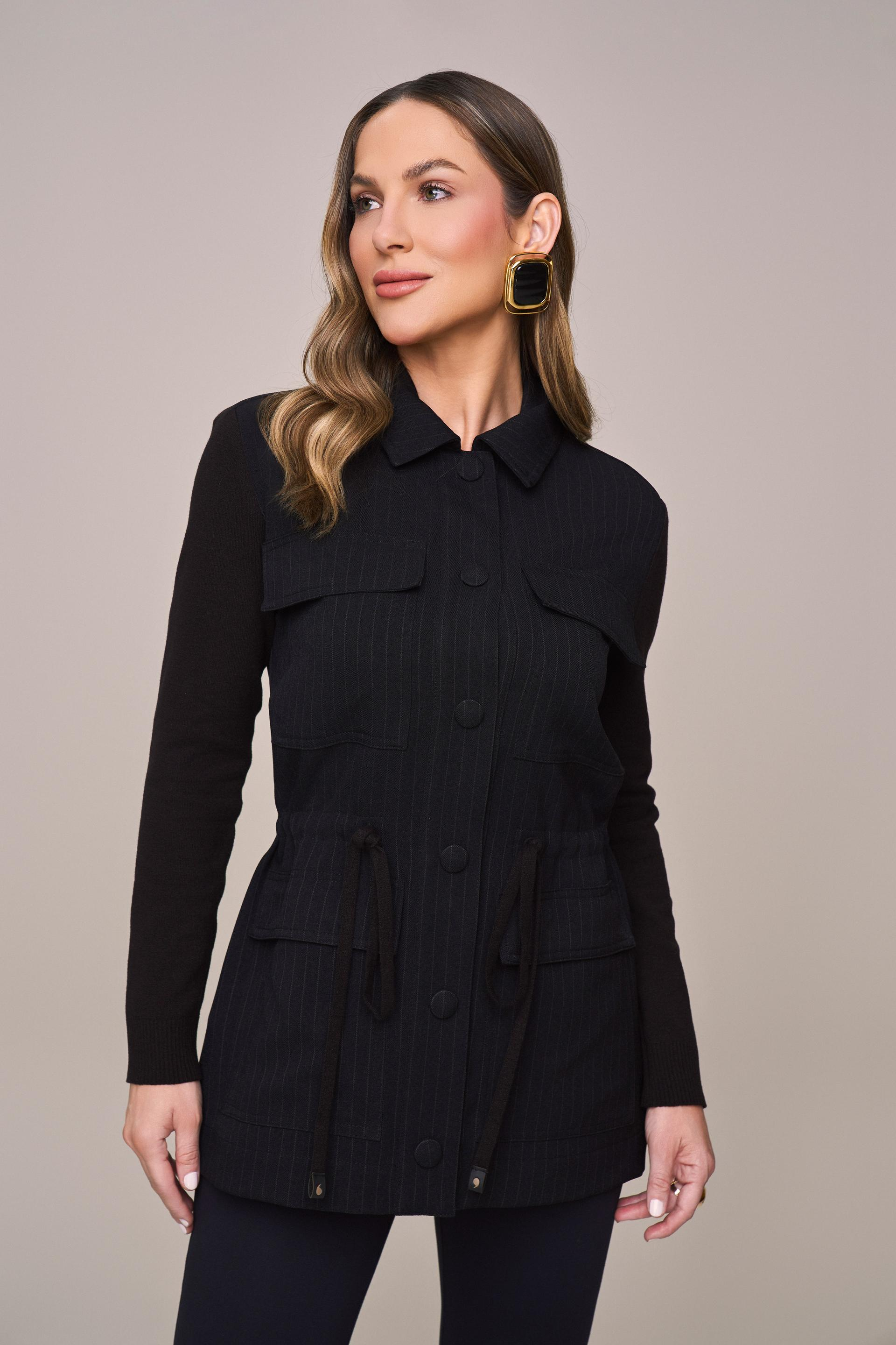 SCALON - Parka Crepe Manga Longa Preto Risca de Giz