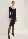ALPHORRIA - Vestido Mídi Metalizado Bicolor Preto