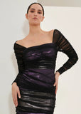 ALPHORRIA - Vestido Mídi Metalizado Bicolor Preto