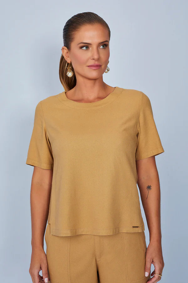 SCALON - Conjunto Linho Blusa Manga Curta Camelo