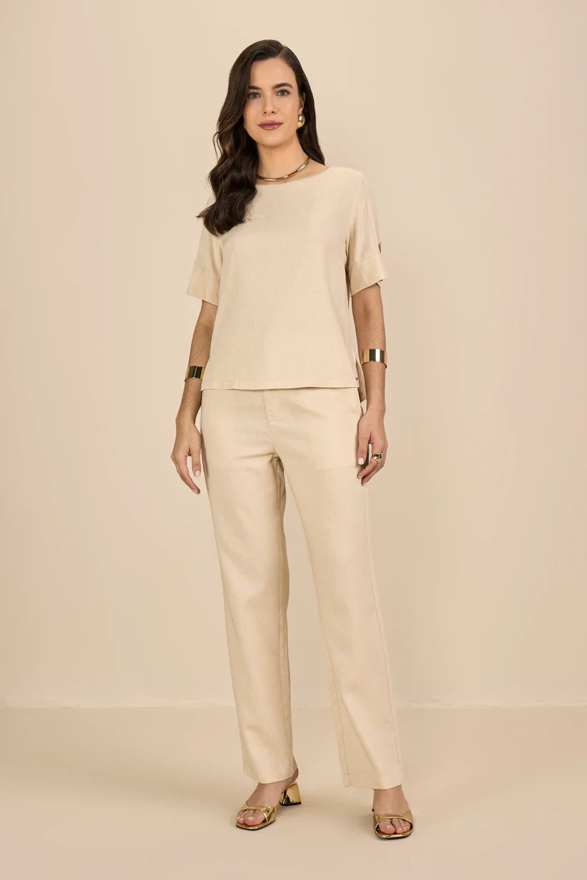 SCALON - Conjunto Viscose Blusa e Bermuda Areia Bege