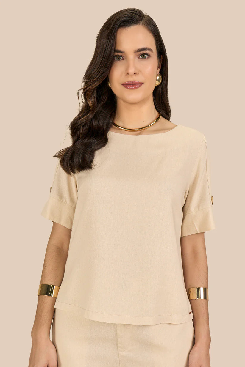 SCALON - Conjunto Viscose Blusa e Bermuda Areia Bege