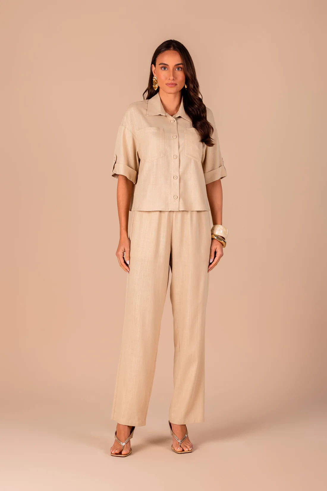 SCALON - Conjunto Viscose Camisa e Palha Bege