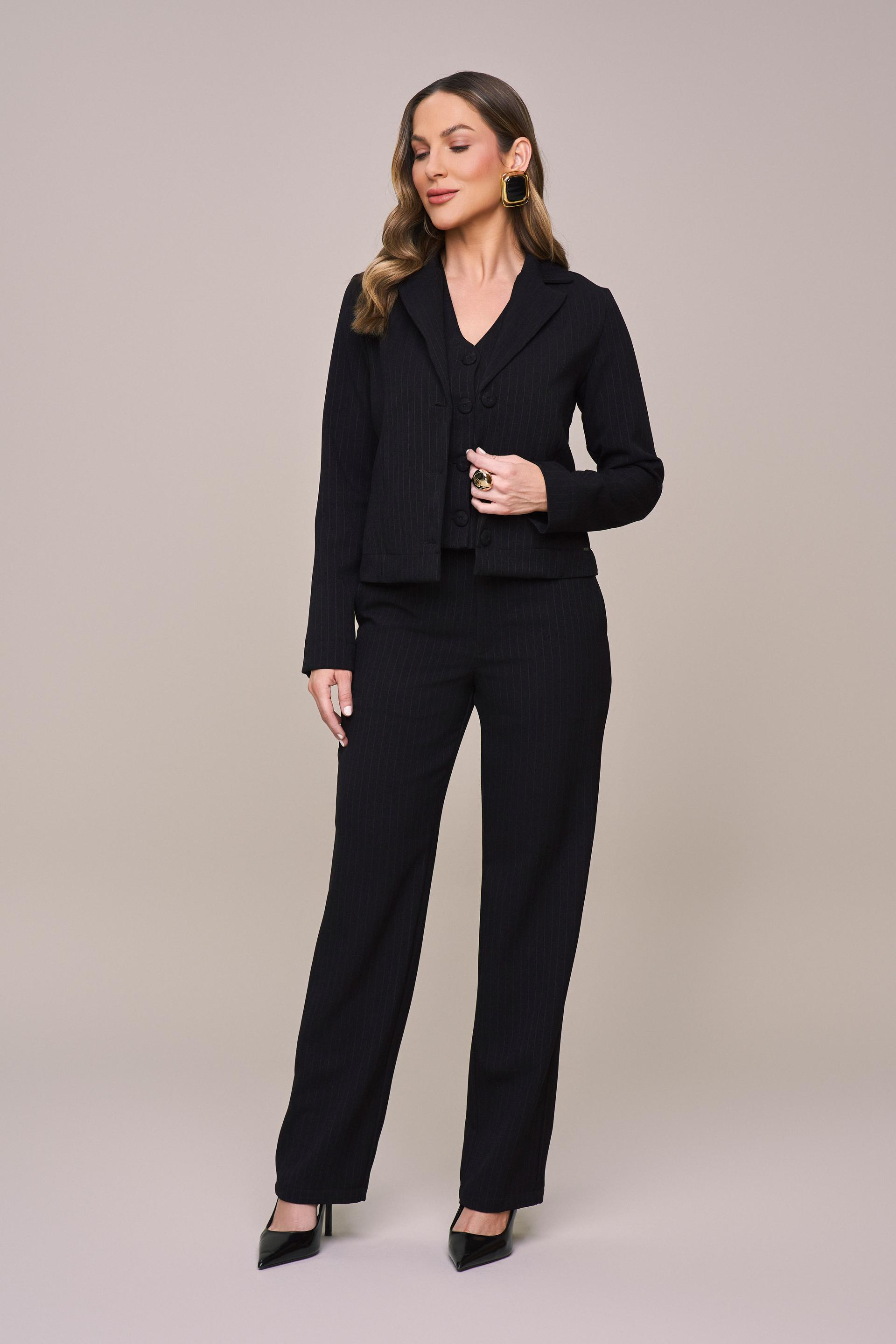 SCALON - Conjunto Crepe Casaco e C/ Preto Risca de Giz