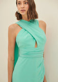 ALPHORRIA - Vestido Longo Decote Echarpe Tiffany Azul Marinho