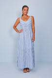SCALON - Vestido Algodao Longuete Listras Denim Azul