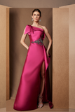 Eliane Matos - Vestido Longo Alça Lat Laço Ombro Detalhe Bordado Cintura Fenda Saia Fucsia
