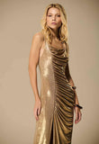 CAOS - Vestido Longo Drapeado Glow Dourado